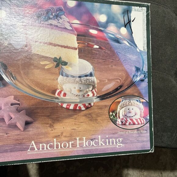 Holiday Christmas Glass Cake Platter‎ Plate Snowman Base Anchor Hocking EUC - Picture 2 of 8